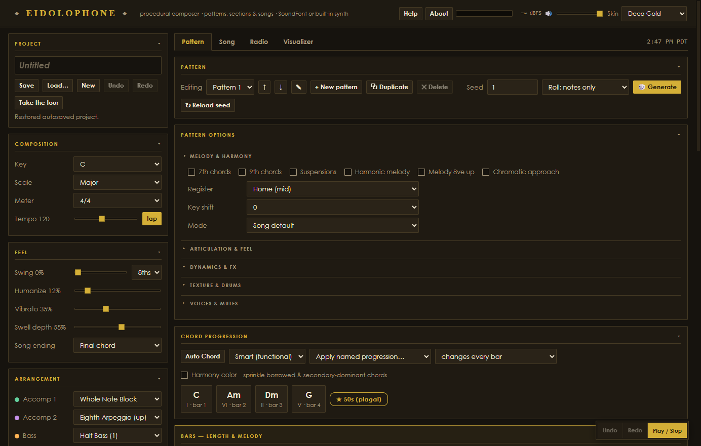 The Pattern bench — chord progression chips and a bar-by-bar rhythm and melody editor