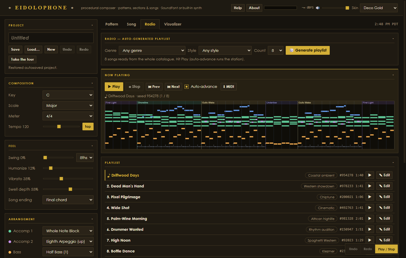 The Radio — an optional generated playlist playing through a labeled piano roll