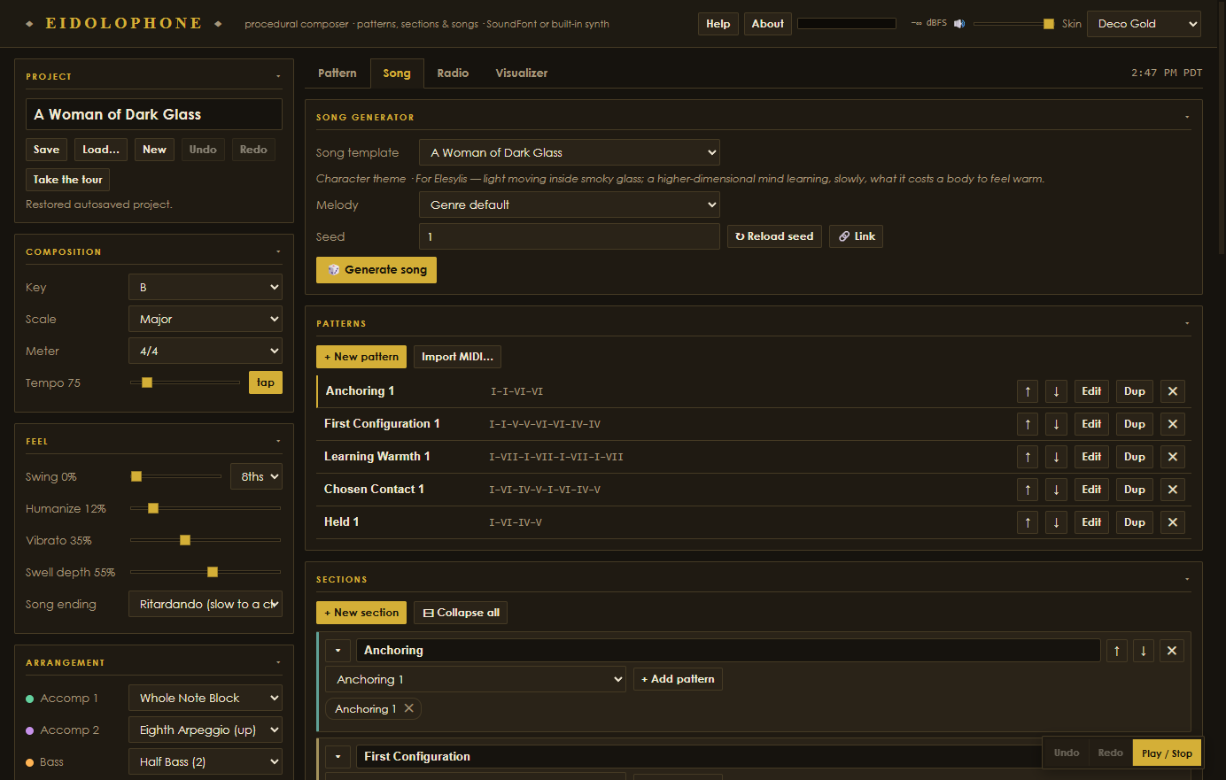 The Song arranger — original patterns organized into sections and a complete form
