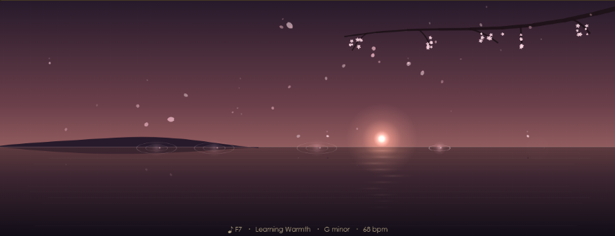 Sakura pond visualizer — petals falling on evening water