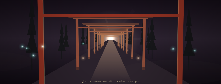 Torii path visualizer — a corridor of vermillion gates at dusk
