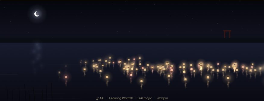 Lantern river visualizer — paper lanterns drifting under a crescent moon