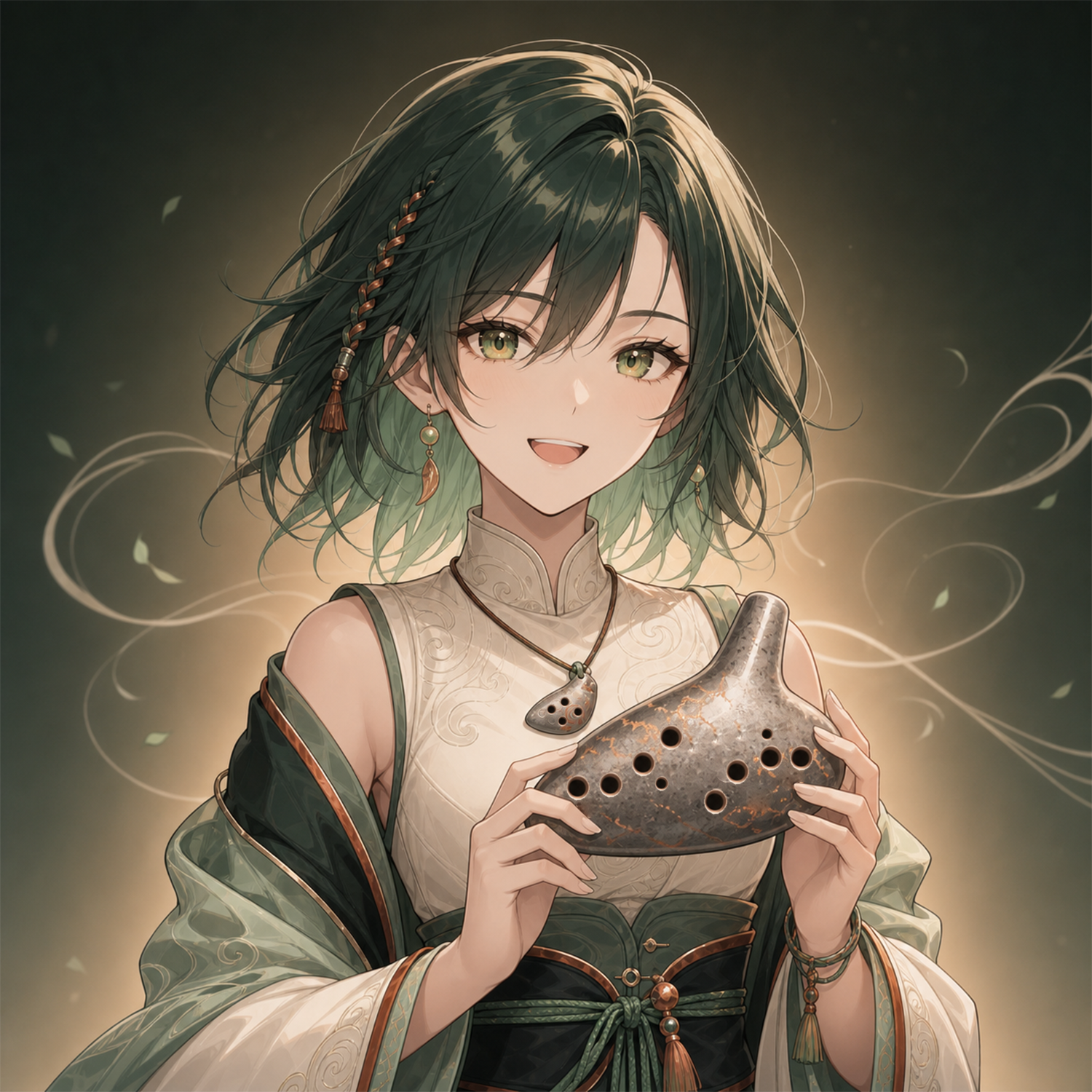Earthwind's green-haired companion holding a ceramic ocarina