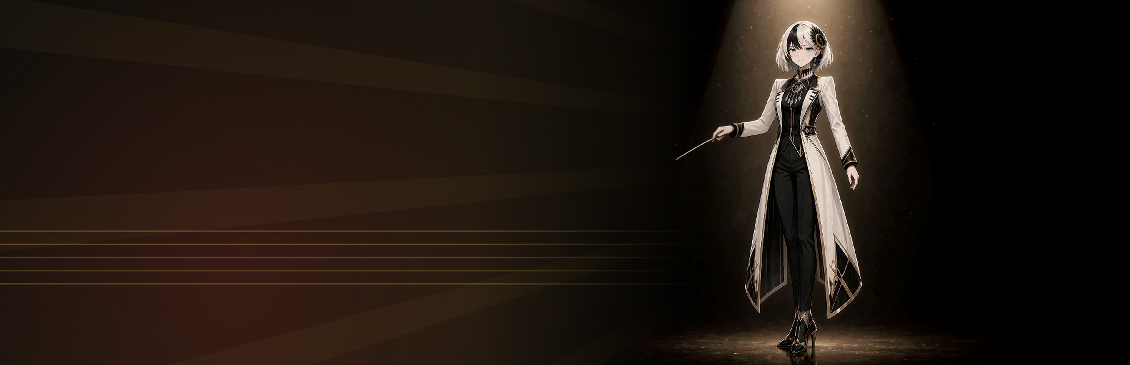 Eidolophone's silver-haired conductor holding a baton beneath a stage light